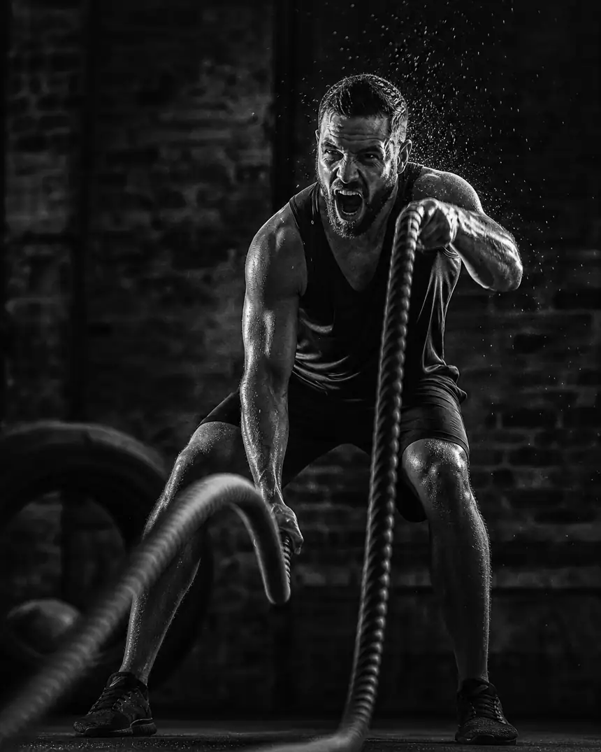 Athlete slamming battle ropes