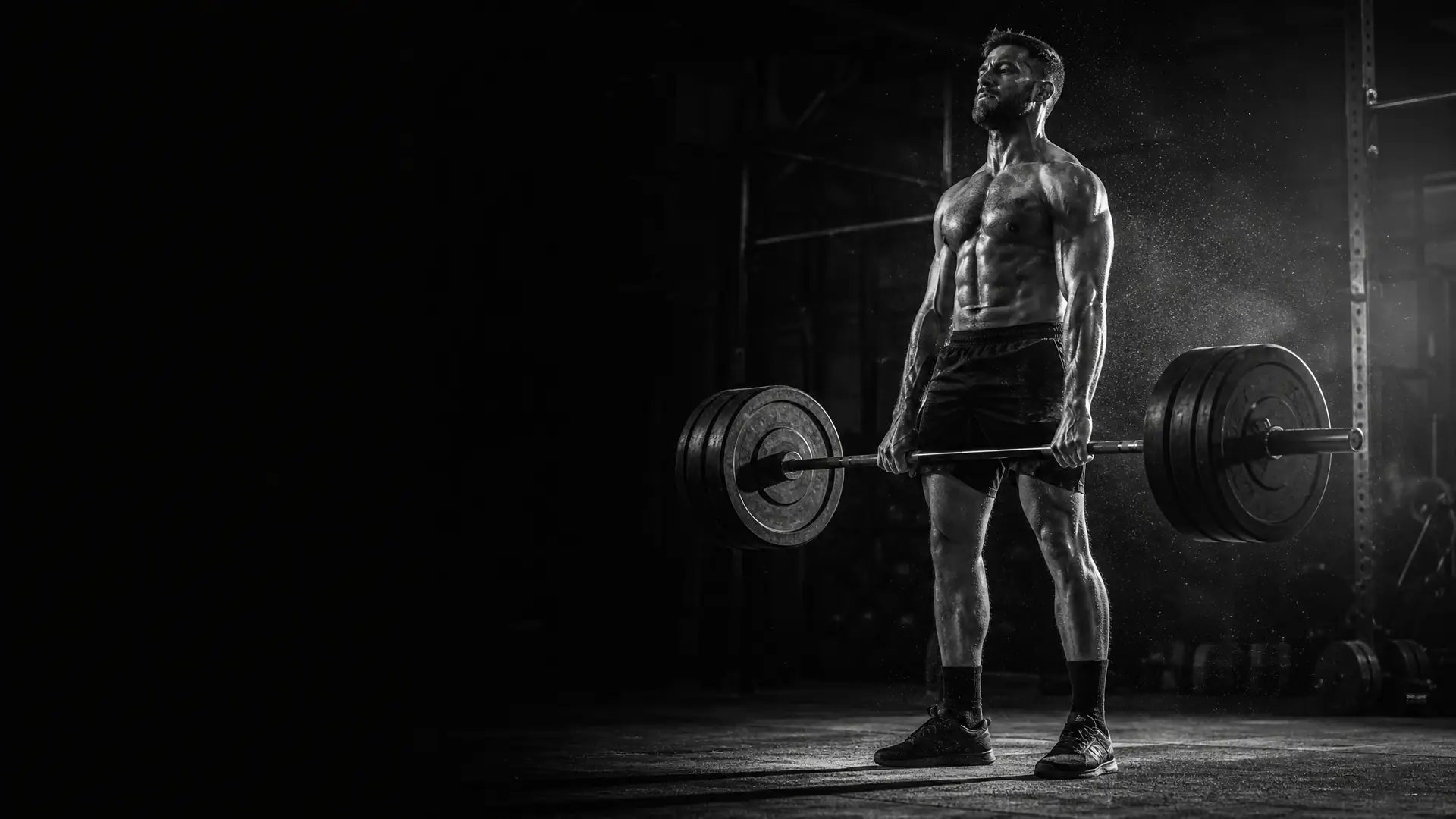 Athlete performing a heavy barbell deadlift in a dark gym
